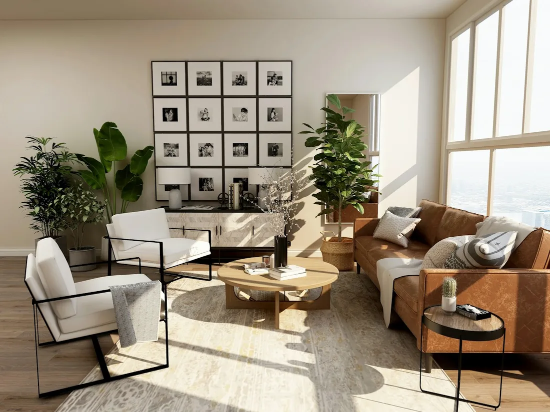 Bright living room with indoor plants and framed pictures