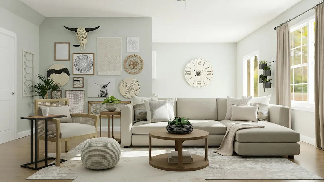 Neutral living room with beige seating and wall clocks